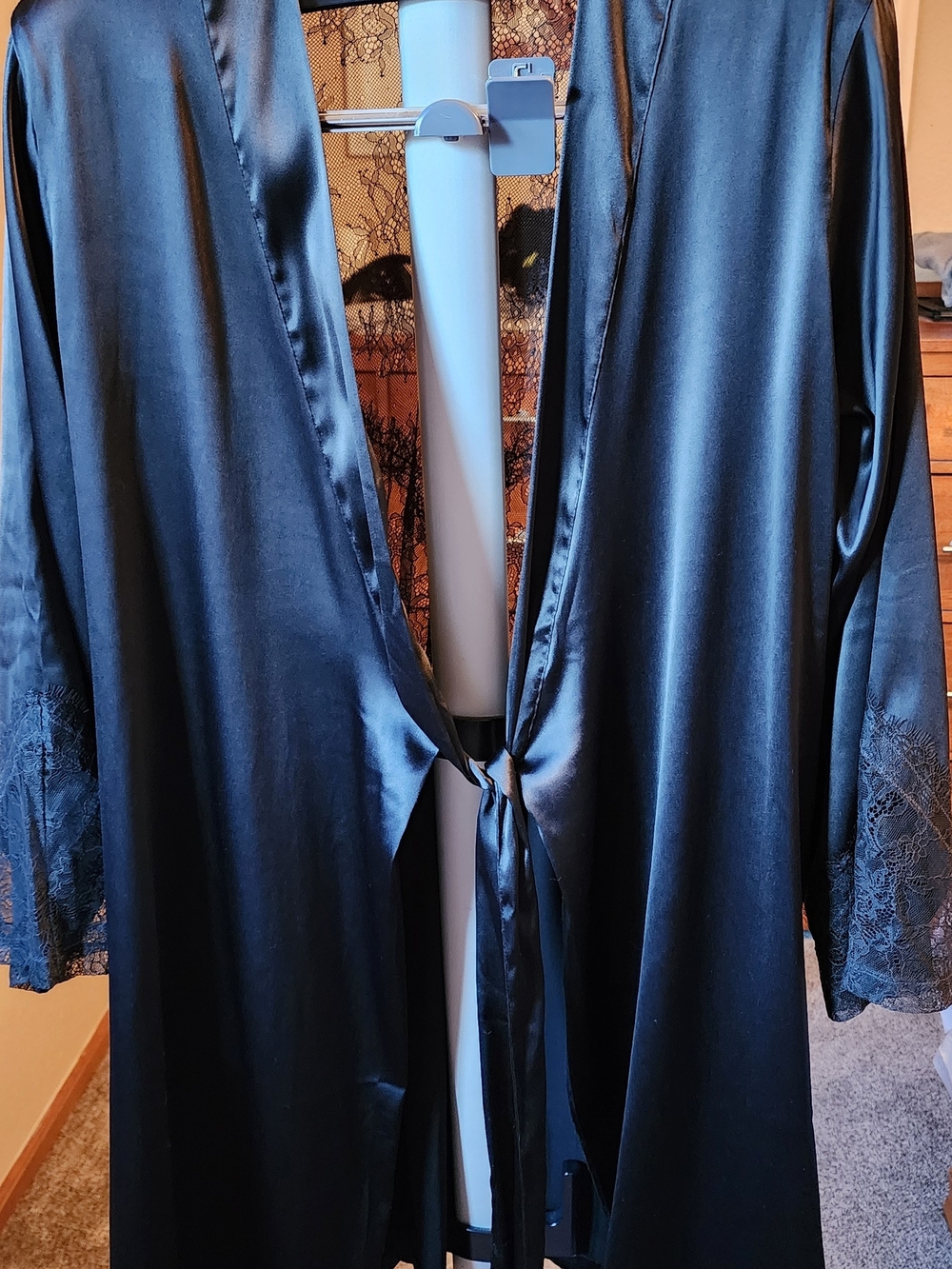 Victoria's Secret Black Satin Tie-Waist Robe with Lace Cuffs